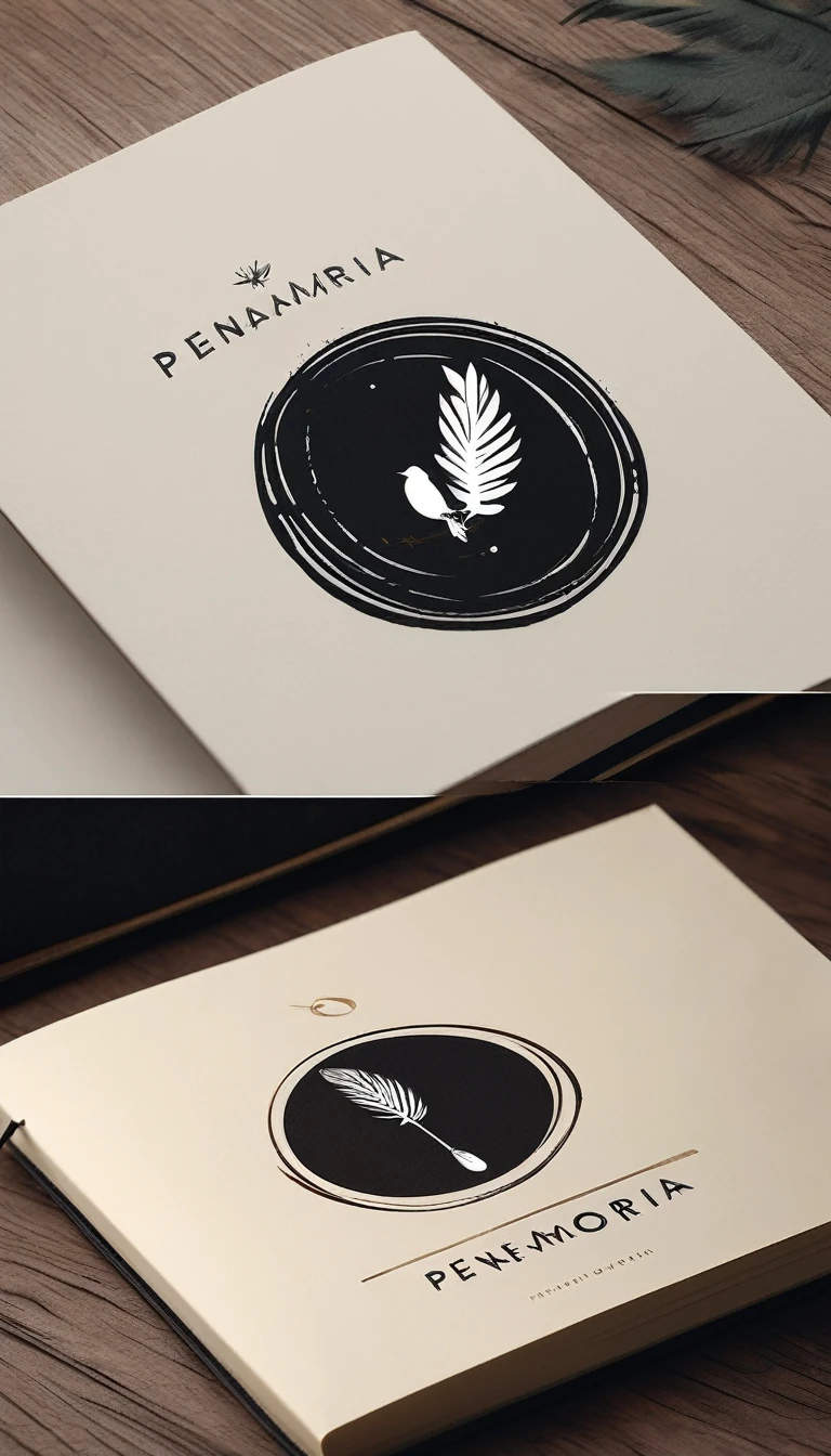 A minimal, modern, simple, cinematic logotype for the brand “Penamemoria". The logotype must be a simple, magical feather and a boy playing acoustic guitar. The logo must convey a sense of music, stories and dreams. Logo design impressed on a book cover. Minimalistic logo