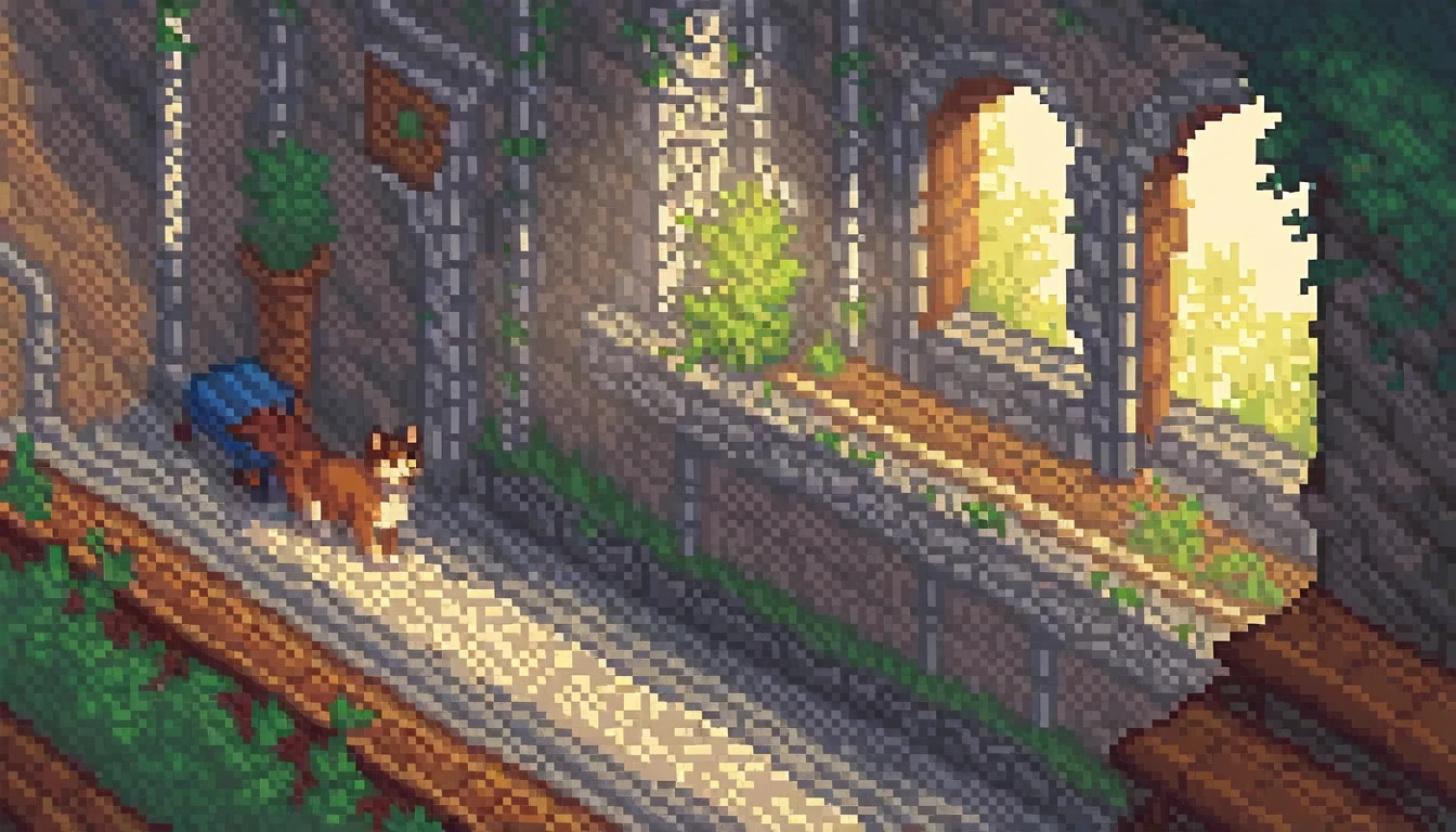 score_9, score_8_up, score_7_up, Pixel art, A boy sitting in an abandoned train station, plants, cats, sunny, diagonal lights, ruins
