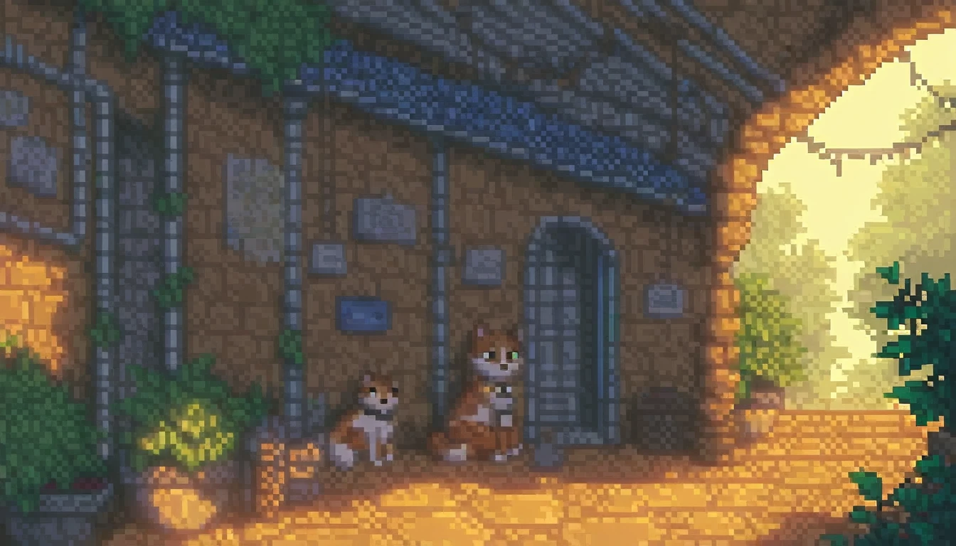 score_9, score_8_up, score_7_up, Pixel art, A boy sitting in an abandoned train station, plants, cats, sunny, diagonal lights, ruins
