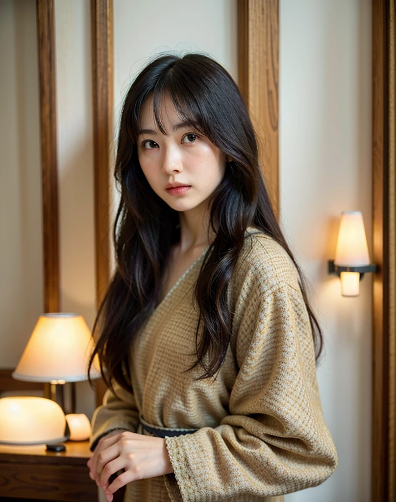 Highest quality, Face Focus, Soft Light, Ultra-high resolution, (Realistic:1.4), RAW Photos,
1 Japanese girl, alone, cute, (pupil, Light in your eyes), Beautiful face in every detail, (Small box),(High resolution detail of human skin texture),
(Long Hair),
indoor,
Damask Shirt Dress,
(Portraiture)