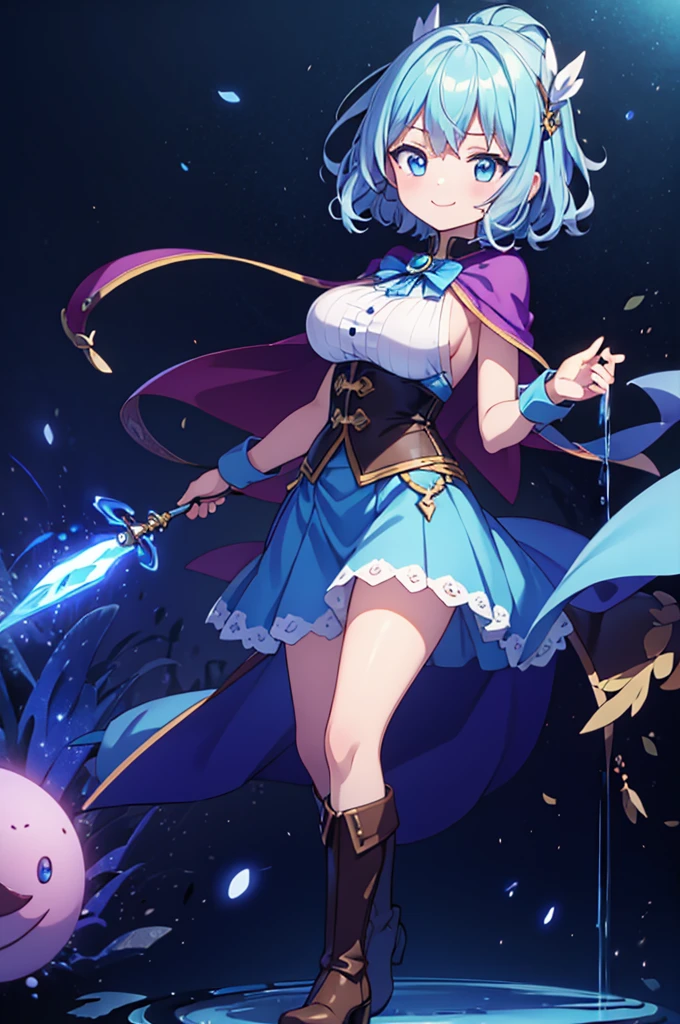 Fantasy,((Masterpiece)),((high resolution)),((Best Quality)),Anime illustration,((1girl)),(wavy hair),(short hair),(pale blue hair color),small ponytail,headband,Indigo eyes,(Big round eyes),(tareme),(),12 yeby face)),((verasts)),Short stature,Young,(loli),,ice wizard,sleevele white blouse,Blue mini skirt,slit,Brown corset,brown capelet,smile,,Brown long boots,wizard's wand with blue gem,