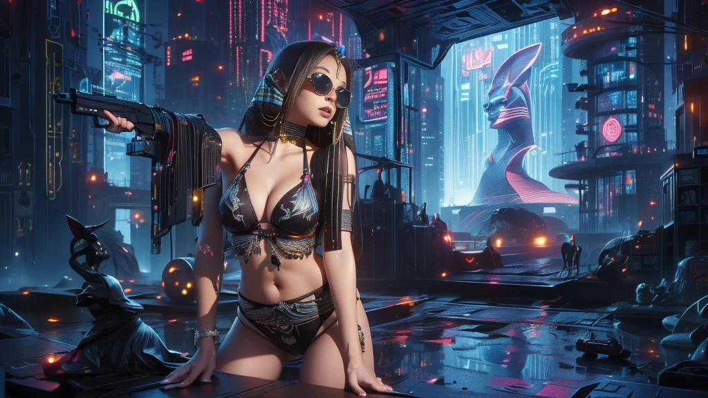 (((a medium-breast bikini slim GIRL with black micro sunglasses))), (((aiming at viewer with a pistol))), a balcony of a futuristic building, aerial view of an ultra-futuristic megalopolis, many metal buildings and houses in dark colors from dark blue to black, a cidade tem tons de cinza metal, has smoky metal structures , industrial environment with smoke and fog around, carros escuros nas ruas, desert megalopolis, trilhos e trens modernos de de metal passando estre as ruas da cidade, tall futuristic metal buildings, many ultra modern buildings around, (((an Egypt sphinx statue on the top of building))), realistic, detailed, sci-fi.
