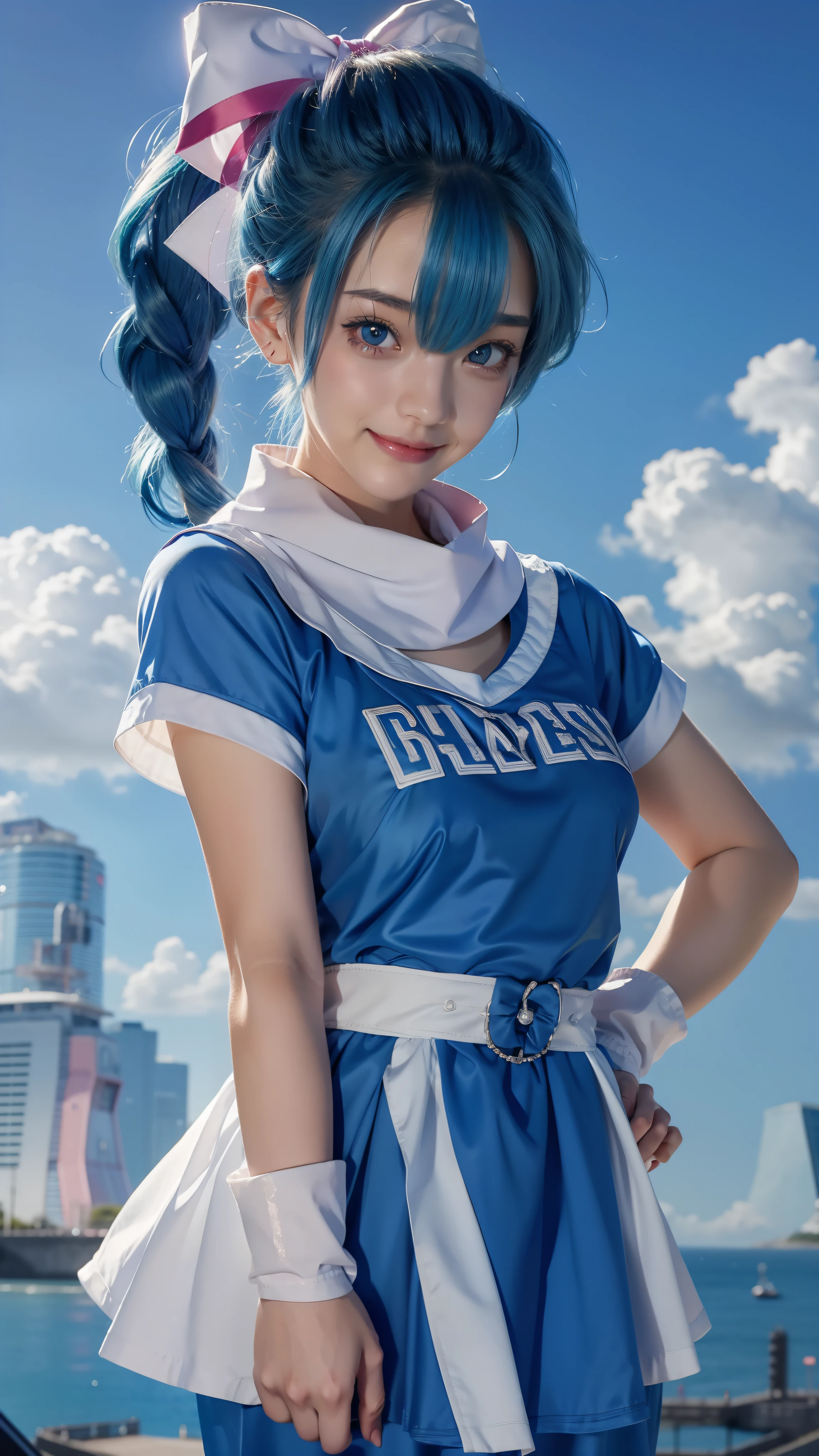 Rei Ayanami, blue fur, Combines realism and anime influence., Beautiful mixed Japanese babe, blue fur, Blue eyes, pink dress, Red ribbon, beautiful face, smiling, intense look, smiling, 