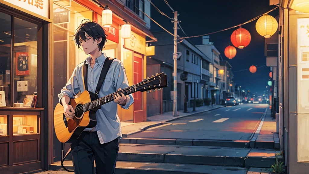 Time is midnight。30Within walking distance、A man of about 18 years old is playing an acoustic guitar alone, looking lonely.。