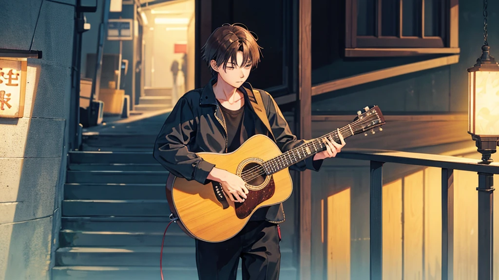 Time is midnight。３０Within walking distance、A man of about 18 years old is playing an acoustic guitar alone, looking lonely.。