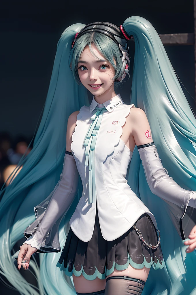 (Personaje Hatsune Miku), coarse hair color, long hair two tails with pony, looking at the view, eyes in sight, SMILE (big SMILE), (Open mouth), whole body, 21 year old girl, perfect body, perfect anatomy, tosca eye color, double eyelids, huge breasts, highly detailed skin texture,(realistic skin), Ultra detailed face, detailed lips, detailed eyes, double eyelids, Necklaces, wet skin, wet hair, (front focus), (in the dark:1.6), Hyperrealistic portrait of woman by David Hockney and Alphonse Mucha, fantasy art, realistic photo, dynamic pose, dynamic lighting, art station, poster, volumetric lighting, Very detailed faces, 4k, awarded, in the dark, deep shadow, low key, cowboy shot, (official clothing:1.1), Luxury Satin Long Dress, lighting dress