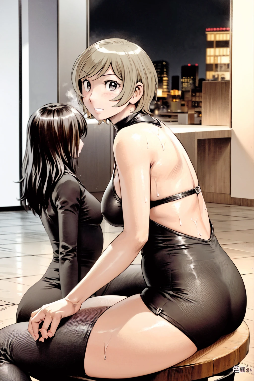 、(masterpiece、Highest quality)、Highest quality, Ultra-high resolution, (((masterpiece))), alone, Sweat、Big eyes,office、Tight white dress shirt、Tight black suit、Tight black pants、indoor、Composition from the front、(Cut the back hair short、short hair、blonde、woman)、Shortcuts、Embarrassed face、Cut your hair short、可愛いwomanの子、Big Breasts、Sit on a chair、Face to face、Composition from the front、View your viewers