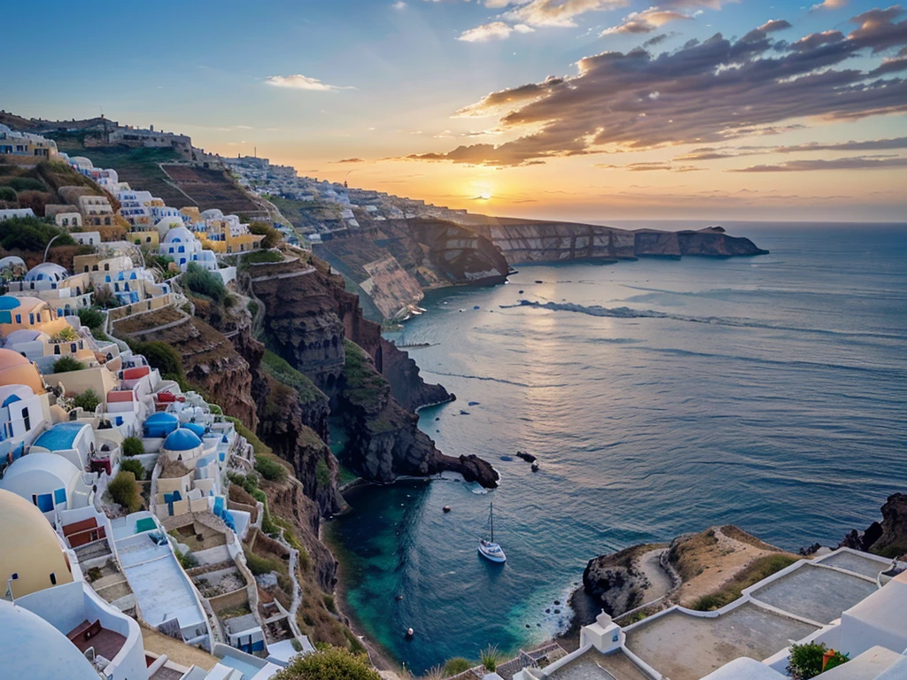 a picturesque view of Santorini, Greece, a beautiful island in the Aegean Sea, 1 girl standing on a cliff overlooking the sea, white-washed buildings with blue domes, a stunning sunset in the background, (best quality,8k,highres,masterpiece:1.2),ultra-detailed,(realistic,photorealistic,photo-realistic:1.37),cinematic lighting,dramatic sky with vibrant colors,detailed architecture,intricate textures,picturesque landscape,serene atmosphere,beautiful scenery,breathtaking vista