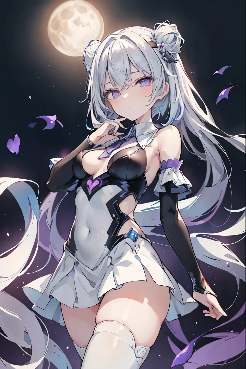 1girl, アニメ, cute girl, blank background, white background, fantasy, detailed fantasy dress with highlights, beautiful face, beautiful eyes, dark colors, black hair with multicolor streaks, red eye with different color pupil in eye, multicolor eye, medium breasts, slight cleavage, beautiful skin, cute, breast curtains, extremely delicate and beautiful, (beautiful detailed face:1.0), (detailed deep eyes), symmetrical breasts, deep eyes, shiny skin, portrait, slender waist, hips wider than shoulders, thighs, expressionless, young girl, luminous eyes, adorable，（Kpop idol）,（aegyo sal：1），（Platinum blonde hair：1），（（puffy eye）），Black panty，sexy posture，Superskirt, Ultra-high resolution，Black collar，slim figure, Abdominal y tattoo, womb tattoo，Tight-fitting leg ring，y tattoo on half-body，Bare skin, Armored hand，Hidden fingertips，Hand covered，Arm covered，Fist covered,{{beautiful detailed fingers}}, tufts of hair, moderate beautiful breast:1.0,(masterpiece:1.2), best quality, high-res, HDR, perfect face, intricate armor, delicate blue filigree, intricate filigree, red metalic parts, detailed part, dynamic pose, dynamic lights, cute face, neutral expression, shuimobysim, lotus, Hanfu, maxi skirt, dress conservatively 1girl, 独奏, long blue hair, standing, One lady,14years,((White hair) ,(Shiny purple bodysuit with microskirt),((Fantasy, Moon Night)), gradient_eyes,