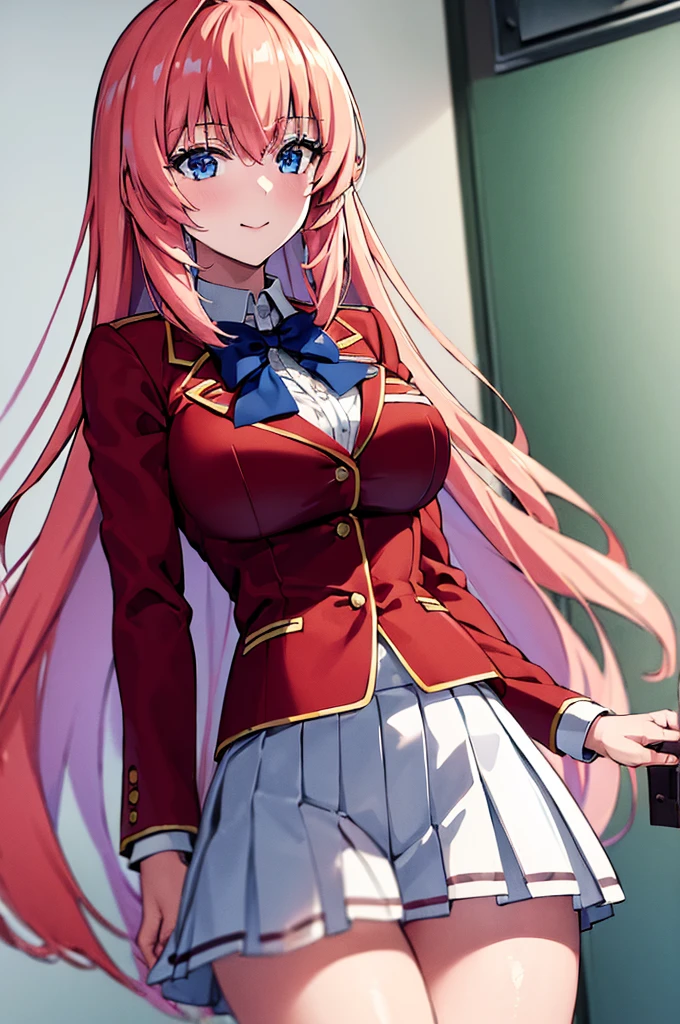 (masterpiece, best quality:1.5), (ultra detailed:1.4), (super fine illustration:1.2), perfect anatomy, 8k portrait, official art, anime screencap,
1girl,
Ichinose honami,
Ichinose honami \(youjitsu\),
long hair,
pink hair,
blue eyes, smile, standing,
blue bow,
large breasts,
, red jacket, long sleeves, white skirt, pleated skirt, black calf socks,
looking at viewer,
cowboy shot,
perfect light,
