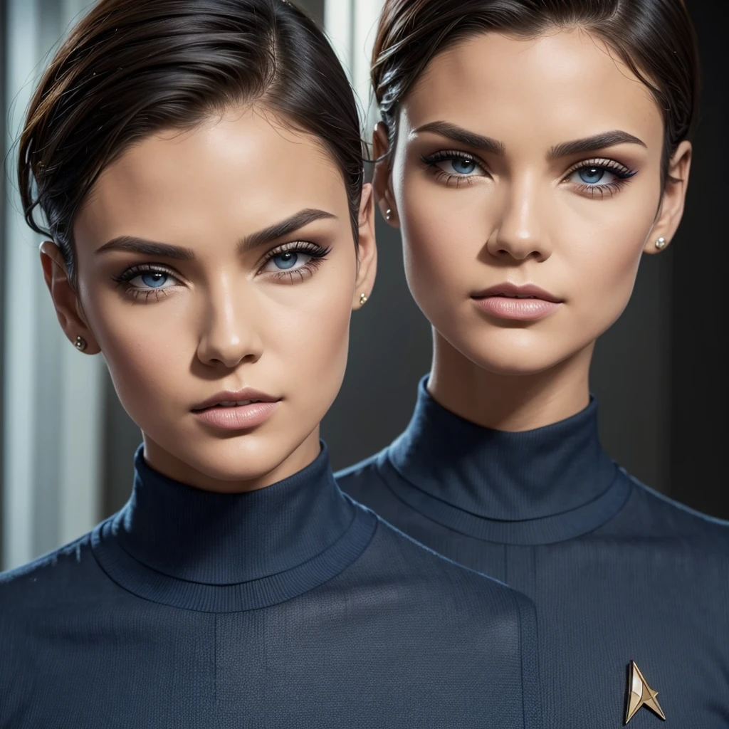 a close up of a person in a suit with a short haircut wearing a blue shirt and a black turtle neck t - shirt, Eve Ryder, star trek, a character portrait, dau-al-set, detailed, award winning, ultra realistic