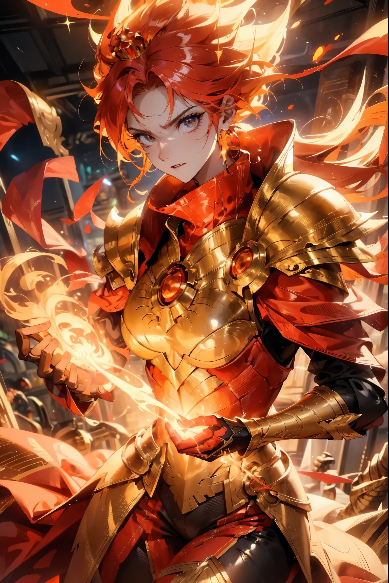 Flame Prince,illustration,Flaming hair,Flaming beard,Royal golden crown,Magic Gold Armor,Majestic,Strong gaze,Sparks Fly,Smoke and flames around,Confident and powerful,Practical,high resolution,Physically Based Rendering,Bright colors,Warm colors,Dramatic Lighting