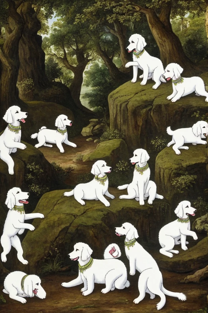 Five white poodles playing in a forest