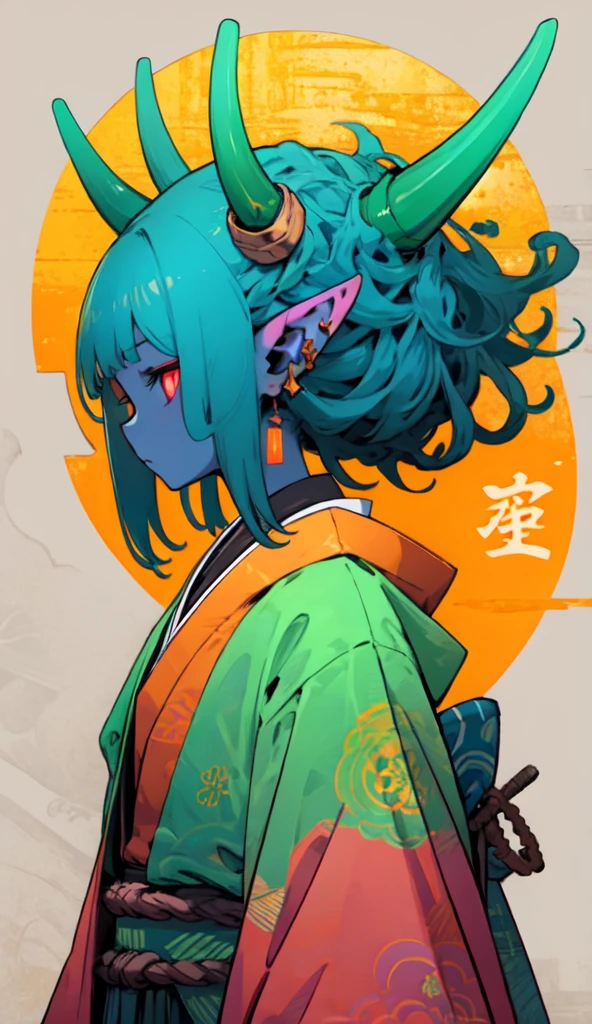 oniNFT, solo, 1girl, horns, female focus, colored skin, street clothes, colored sclera, pointy ears, blue skin, kimono, upper body, from side, profile  