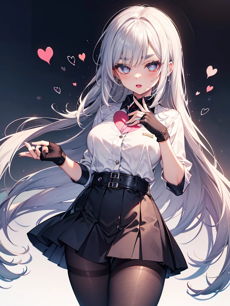 mature_female,silver hair,lipstick,eyeshadow,long_eyelashes,thick eyebrows,ahegao,jitome,heart-shaped_pupils,black_pantyhose,fingerless_gloves,,long hair,shirt，Short skirt