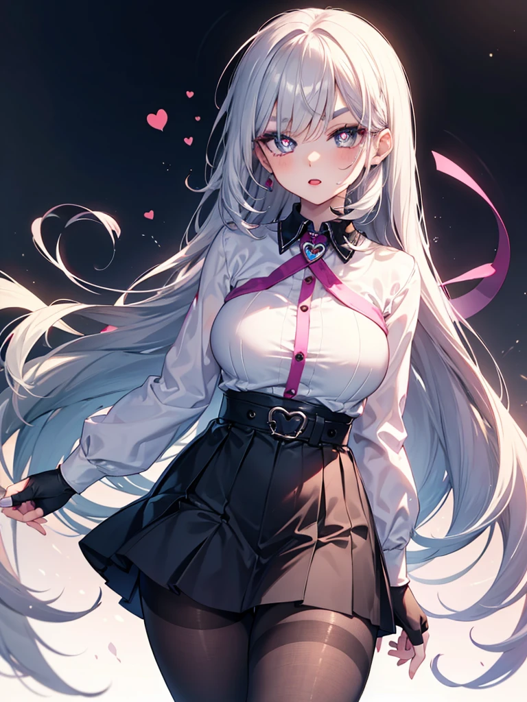 mature_female,silver hair,lipstick,eyeshadow,long_eyelashes,thick eyebrows,ahegao,jitome,heart-shaped_pupils,black_pantyhose,fingerless_gloves,,long hair,shirt,Short skirt