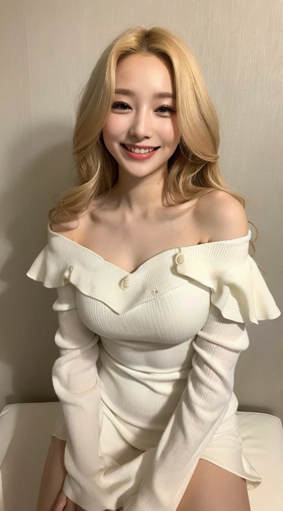 Surreal beautiful woman with blonde wavy hair and a big smile on her face.South Korea.Pure white off-shoulder low-cut dress.role play