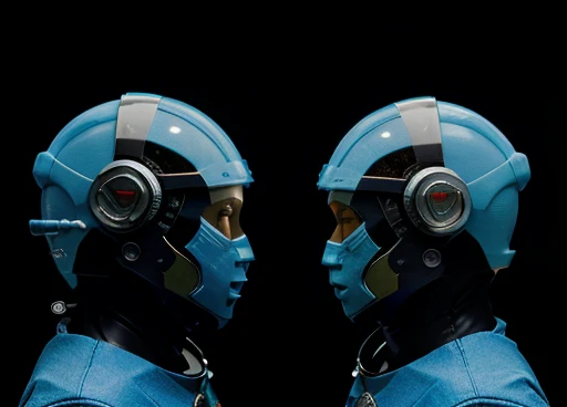 . A humanoid creature similar to a lizard and fish talks to the astronaut. Dynamic front view