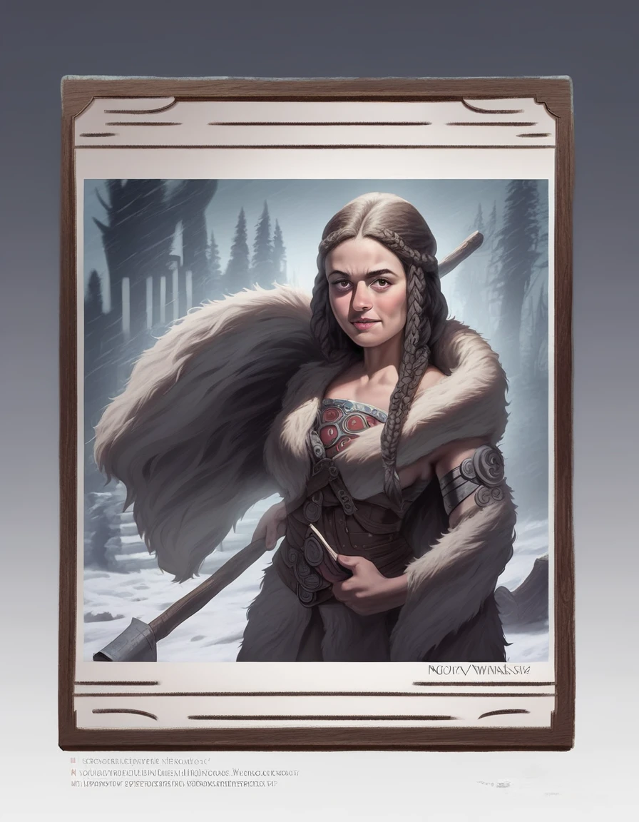 a beautiful viking woman, 1girl, detailed facial features, intricate viking braids, fur cloak, holding battle axe, standing in snowy landscape, (best quality,4k,8k,highres,masterpiece:1.2),ultra-detailed,(realistic,photorealistic,photo-realistic:1.37),fantasy,concept art,dramatic lighting,moody atmosphere,vibrant colors
