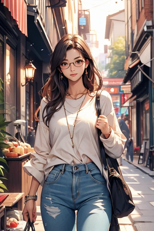 Highest quality、masterpiece、High sensitivity、High resolution、Detailed Description、Slender women、Slim Body、Glasses、Casual clothes、While walking happily、On a date、