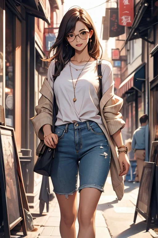 Highest quality、masterpiece、High sensitivity、High resolution、Detailed Description、Slender women、Slim Body、Glasses、Casual clothes、While walking happily、On a date、