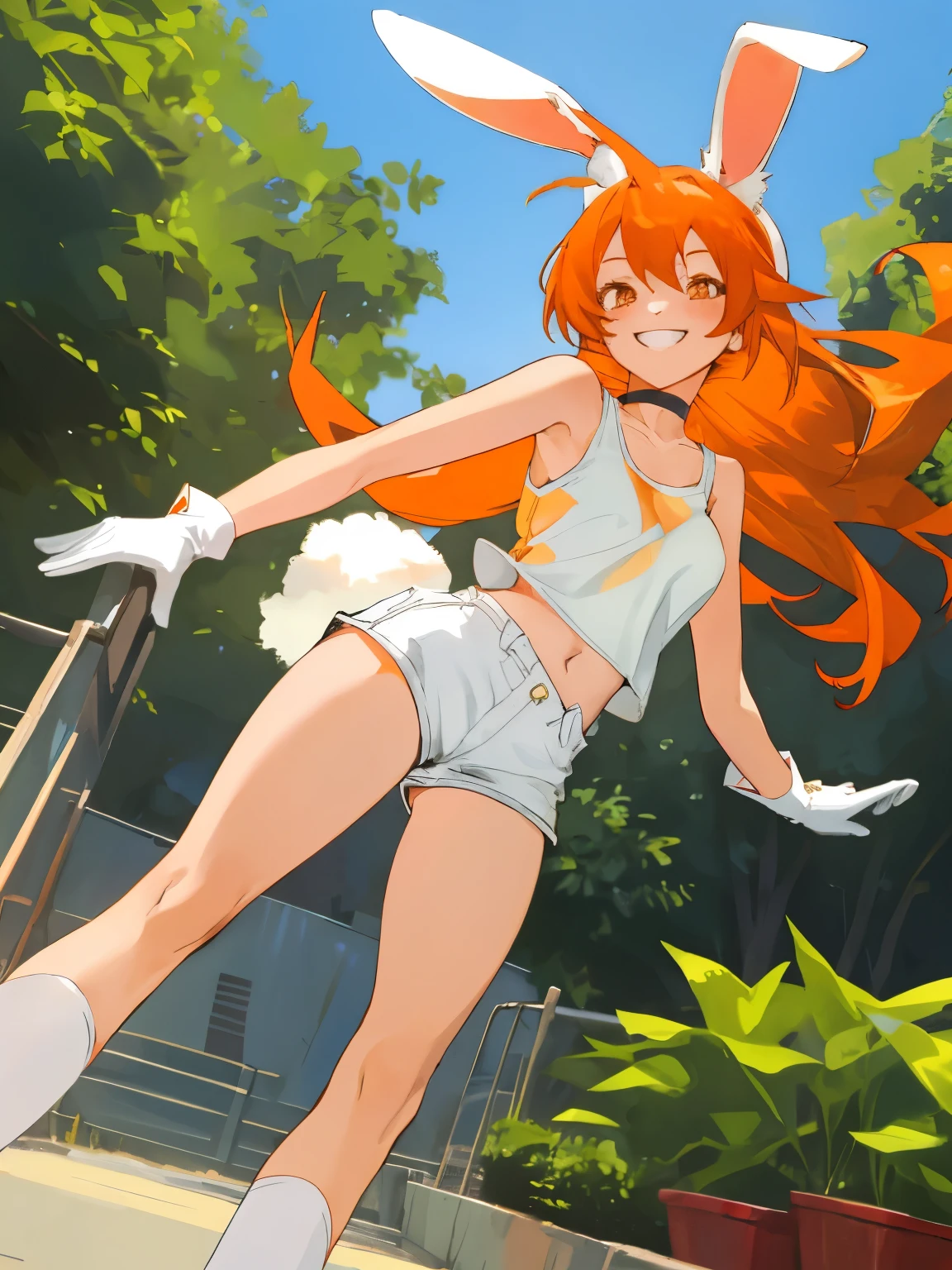 1girl, orange hair, white gloves, long hair, rabbit ears, choker, white stockings, tank top, short shorts, outdoors, grin