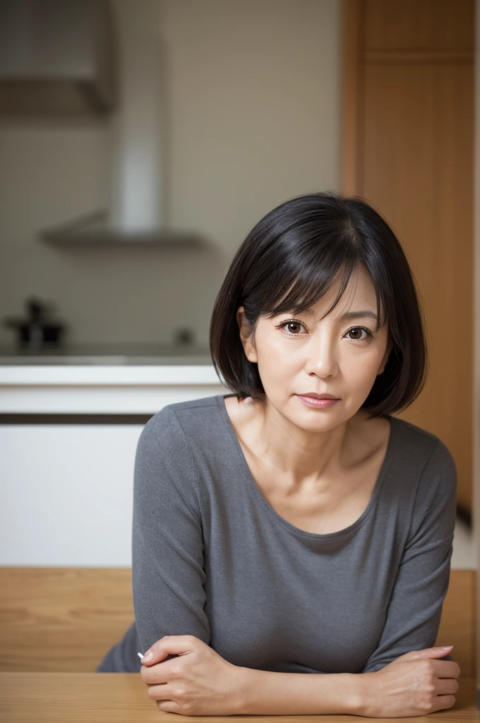 Beauty Witch,face,ID photo,faceアップ,Portraiture, 8K, high quality, Realistic Photographic Images, 49 years old, Japanese women, Neat and clean wife, Small breasts, small, housewife, Natural and realistic eyes, Japan Person Stand, small, beautiful Black Hair, short hair, light makeup, Octane Rendering, Beautiful lighting, Golden ratio composition, 笑face, Casual wear, Casual clothing, Natural background, Blurred Background, 8K, high quality, Realistic Photographic Images, Japanese women, 49 years old, 純日本face, Beautiful wife,  small breasts, light makeup, No makeup, Pure beauty, Mature Woman, gray, beige, Thin blue, Sober, Casual clothing, 笑face, Black Hair, small black eyes, Background Blur
