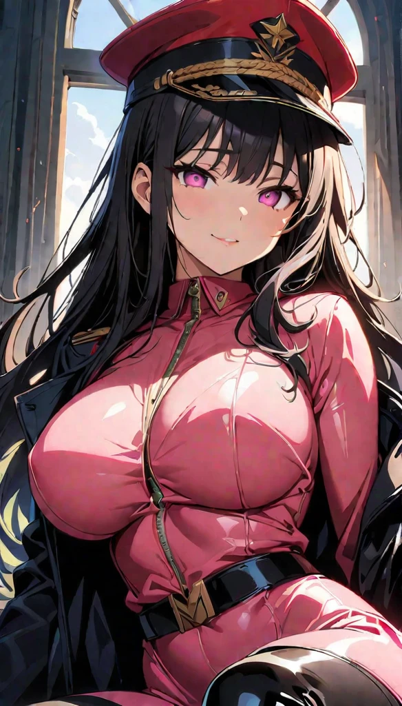 (highest quality:1.2, Anime artwork, Very detailed, High Detail, digital coloring, High Contrast, masterpiece:1.2, highest quality, Best aesthetics), 8k,masterpiece, cute,tall,beautiful,best quality, 1lady,black hair,long hair,empty eyes, (finely detailed empty pupils and detailed face),,,,extremely detailed cg unity 8k wallpaper,solo,(latex military costume:0.9),large breasts,seductive smile,military hat,latex thighhigh,large breasts,black hair,pink eyes,pink leotard,pantyhose,military coat,enamel suits,grossy lips,sitting,bust shot,sadistic smile,,heel,shiny skin,military coat,detailed face,beautiful body,full-body,adult,
