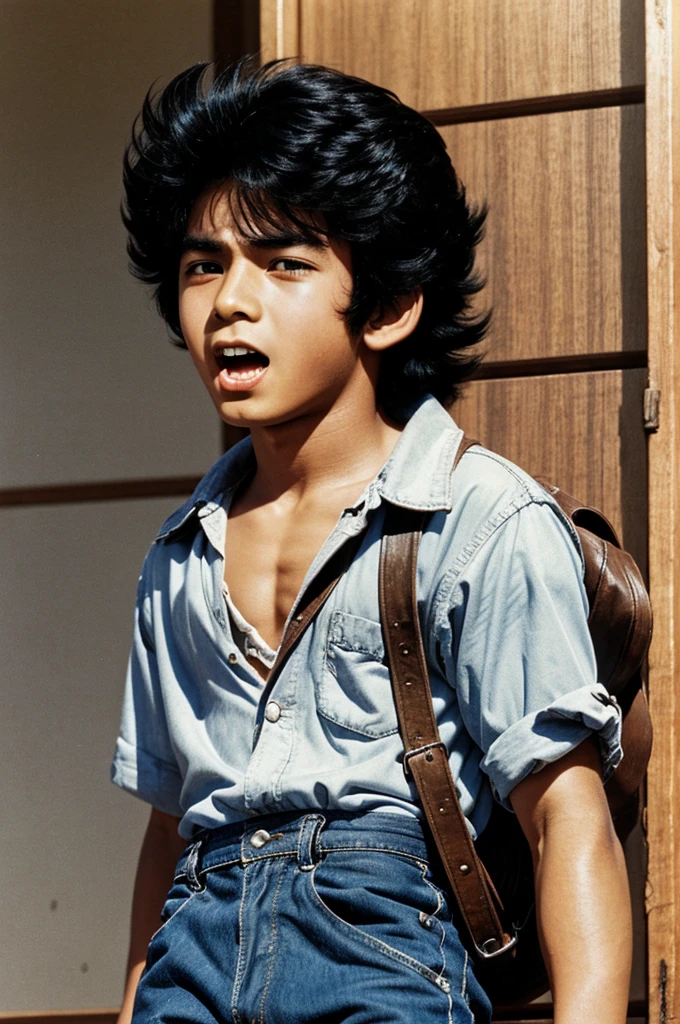 80s anime of a boy who is a cowboy,high,black hair, black eyes, fang coming out of his mouth,medium strong, anime
