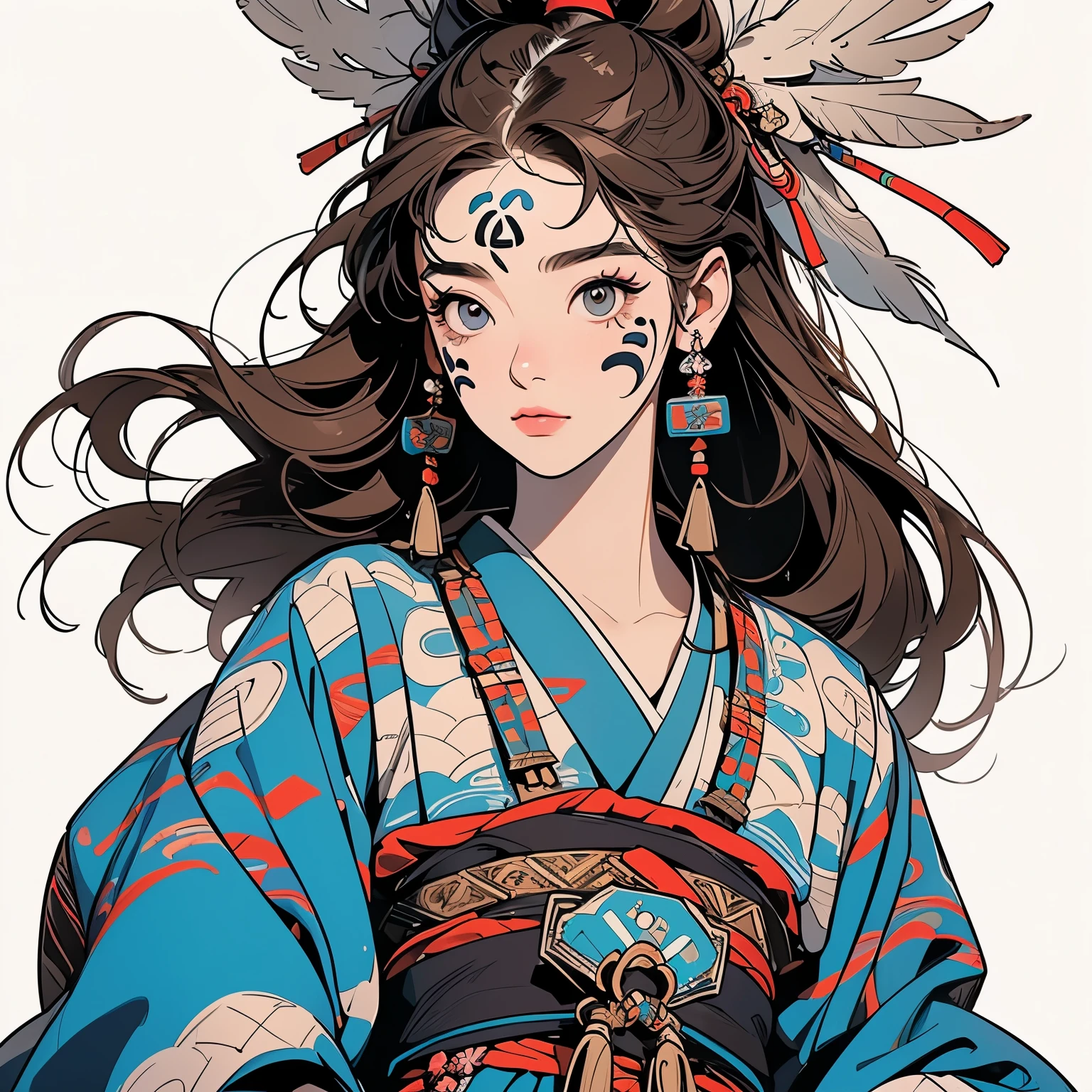 Ainu folk costume, (((Perfect Ainu folk costume))), ultra complicated kimono, first-class, ultra detailed,(((ultra complicated ornament))),One Woman, Perfect Face, Faint lighting, (((COWBOY shot))), ultra complicated hair、((Sparkling Eyes))),mysterious, The wind is blowing, Panorama, Long Shot, (((Beautiful Faces of Asia))),(((complicated Tribal Face Painting ))),Upper Body,(((TOP quality face)))、(((white only background)))、(((pale brown hair))),Top quality feathers、ultra complicated feathers、Various Angle、Various Hairstyle, (((Ultra-quality hair)))