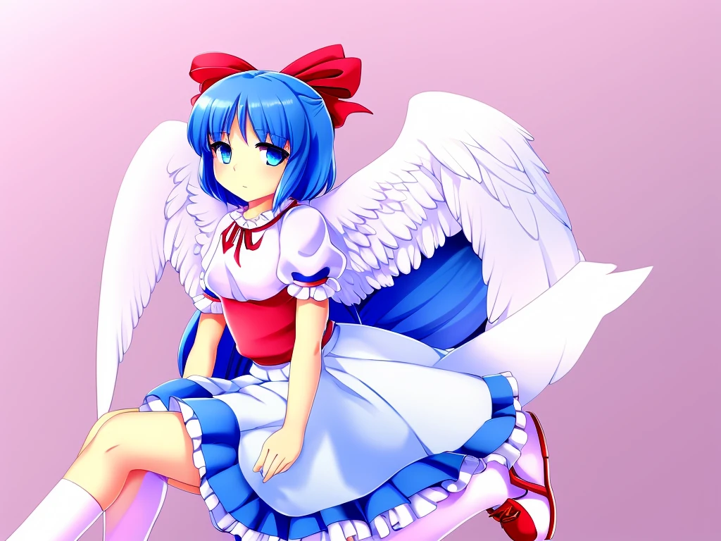 masterpiece, best quality, 1girl, , , 10 years old, medium blue hair, hair flaps, pink ribbon on head, well-formed face, blue eyes, angel girl, white blouse, puffy short sleeves, red ribbon, angel wings, long white skirt, red shoes, frills, ribbon head