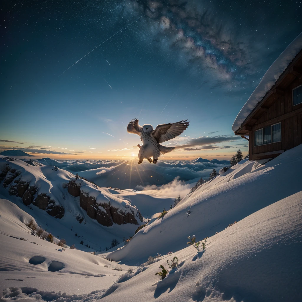 snow owl, flying, snow scene background, , mysterious clouds, surprised expression, Incredible views, Unavailable, In the sky, Legend, stars lighting up the night sky, Fly free, adventure, steps, High mountains, wonderful sunset, Fly all you want, through the clouds, Spirit of adventure, Shocking scene with spread wings, Huge starry sky, fusion of tradition and modernity./Masterpiece Illustration, high quality, 8k, high resolution 