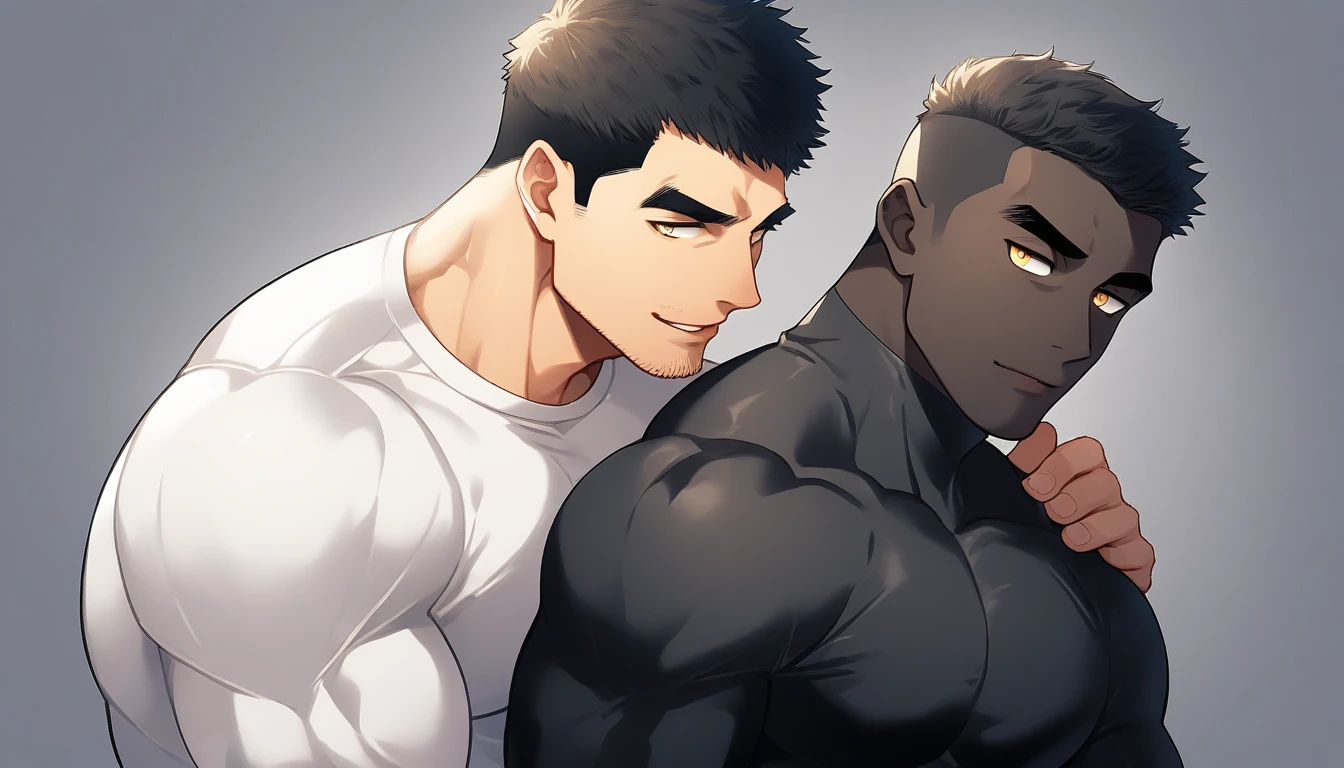 anime characters:Two superheroes in tights, Muscle superhero, negro black skin, They hugged and kissed each other, Bite your neck, Caress, Manliness, male focus, Yellow and black high collar long sleeve tight T-shirt, Slightly transparent material, Very tight, Round, full and perky chest muscles, Male dog waist, Slightly transparent, muscular male, muscular, only, Upper body, alone, Black short hair, Thick eyebrows, stubble, Yellow eyes, Grey background, simple background, amazing quality, best aesthetics, Ridiculous, bright pupils, crew cut, parted lips, seductive smile, torogao, naughty face, drop shadow, best quality