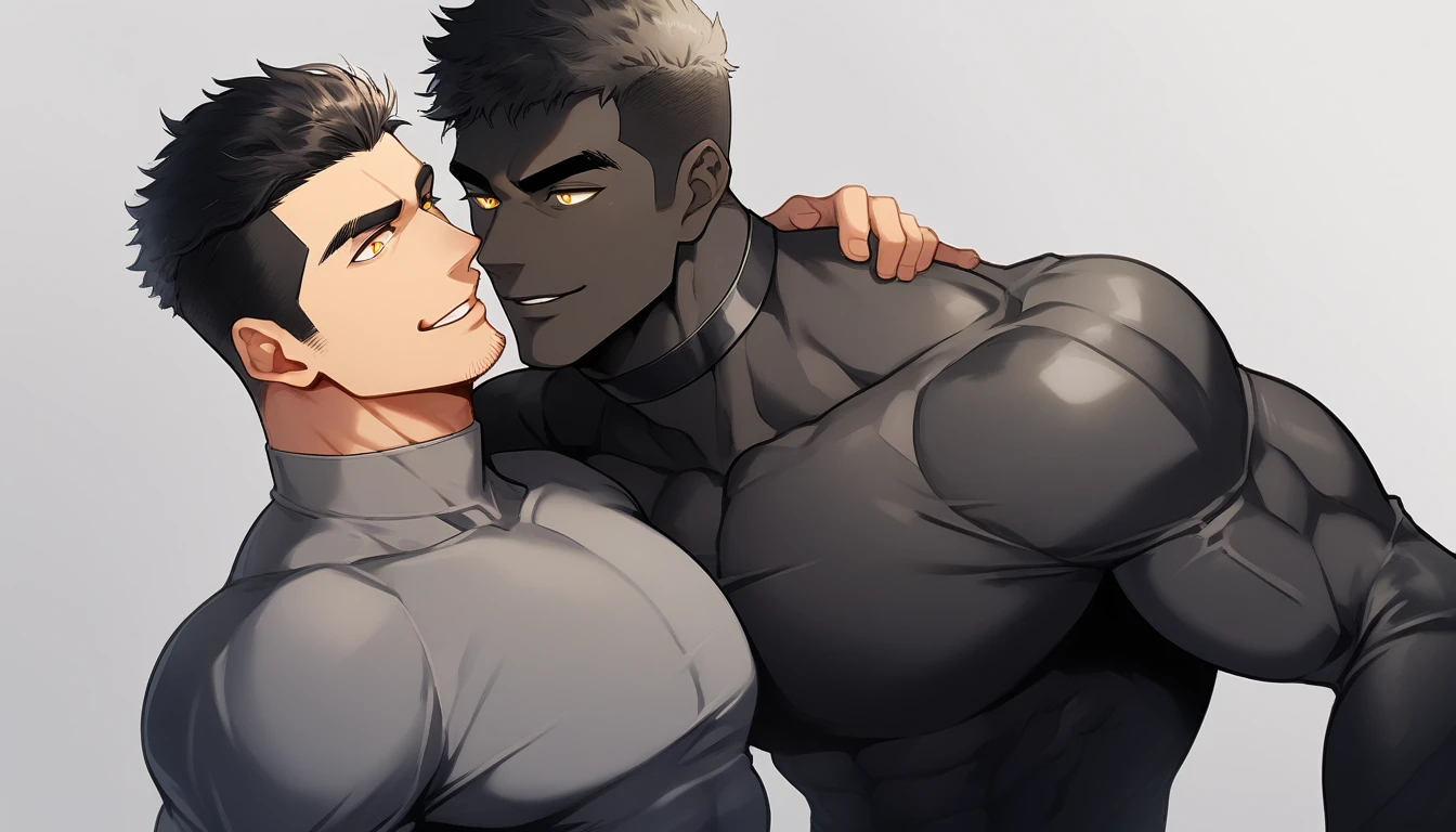 anime characters：Two superheroes in tights, Muscle superhero, negro black skin, They hugged and kissed each other, Bite your neck, Caress, Manliness, male focus, Yellow and black high collar long sleeve tight T-shirt, Slightly transparent material, Very tight, Round, full and perky chest muscles, Male dog waist, Slightly transparent, muscular male, muscular, only, Upper body, alone, Black short hair, Thick eyebrows, stubble, Yellow eyes, Grey background, simple background, amazing quality, best aesthetics, Ridiculous, bright pupils, crew cut, parted lips, seductive smile, torogao, naughty face, drop shadow, best quality