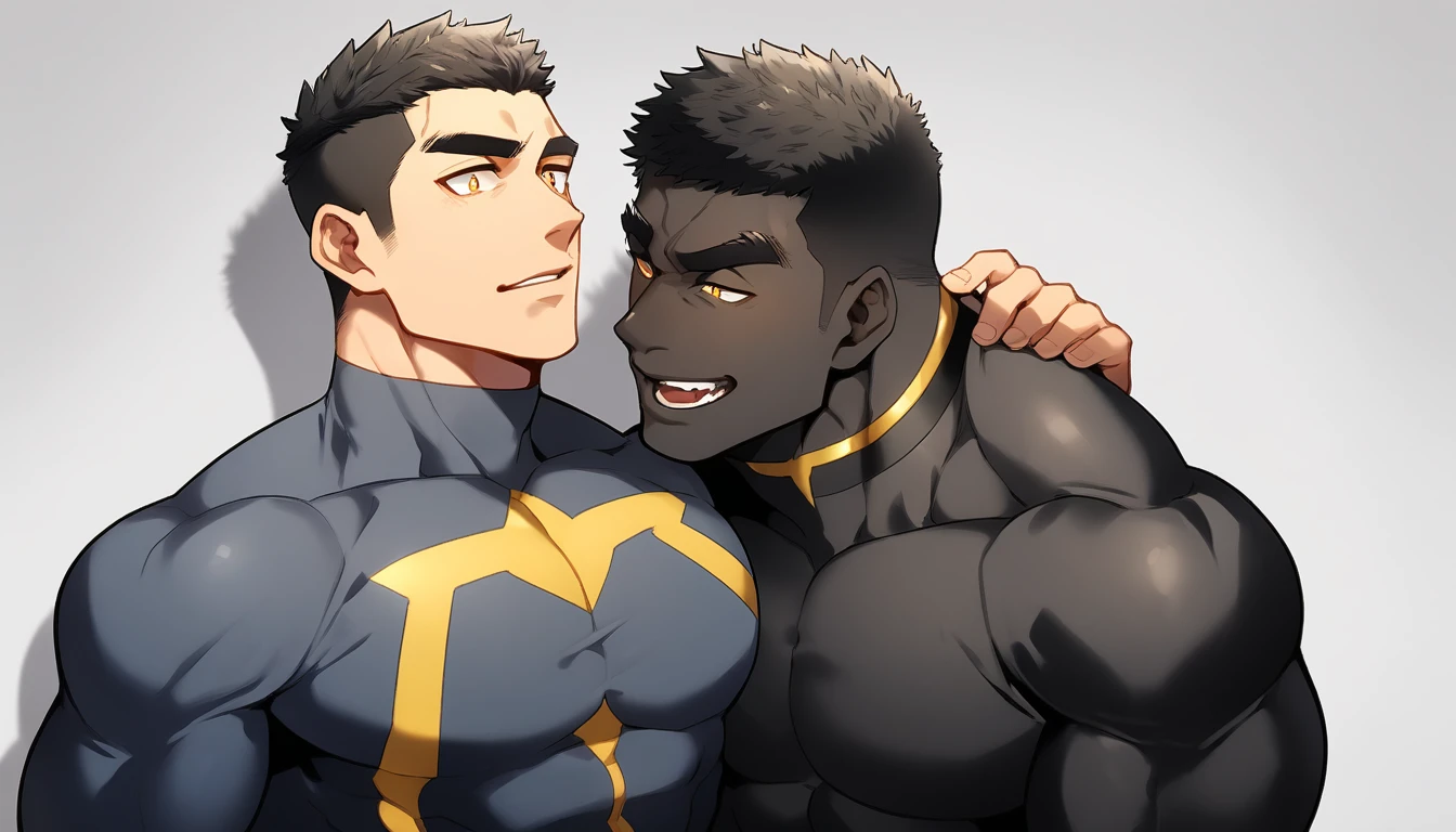 anime characters:Two superheroes in tights, Muscle superhero, negro black skin, They hugged and kissed each other, Bite your neck, Caress, Manliness, male focus, Yellow and black high collar long sleeve tight T-shirt, Slightly transparent material, Very tight, Round, full and perky chest muscles, Male dog waist, Slightly transparent, muscular male, muscular, only, Upper body, alone, Black short hair, Thick eyebrows, stubble, Yellow eyes, Grey background, simple background, amazing quality, best aesthetics, Ridiculous, bright pupils, crew cut, parted lips, seductive smile, torogao, naughty face, drop shadow, best quality