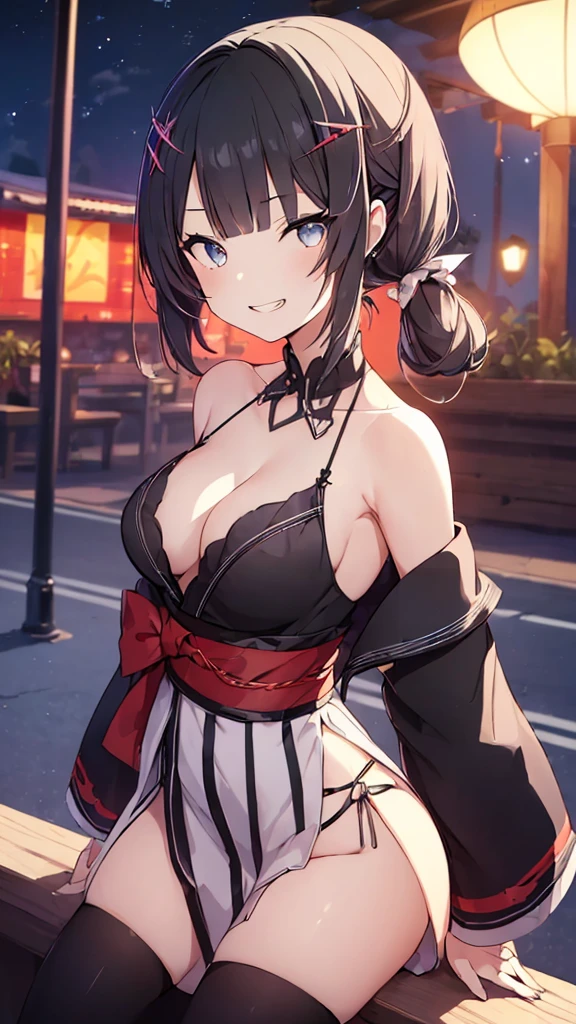 prompt（Re-adjusted version）
beautiful, masterpiece, Highest quality, HiqCG Body, anime, (1 Girl:1.5), (Small breasts:1.2), Portrait Shot, View your viewers, Wet Skin, Intricate details, Little Woman, Her eyes were shining like dreamy stars.,(Shining Eyes:1.3),(Beautifully detailed eyes:1.1)、[[Delicate fingers and hands:0.55]::0.85],(Detailed reference),(Thick black hair, Eyes are bright purple,(Sharp Eye:1.3), (tsurime:1.5), Twin tails,Straight Hair,(Asymmetrical bangs:1.2),(Blunt Bangs:1.3), (hairpin:1.2), Young face,Childlike,Small devil,Succubus,Vampire,Double teeth,Small corner),(kimono),Dynamic Pose,(yandere:1.1),(yandere smile:1.3),(smirk:1.3) ,Cleavage,High angle shot、(night:1.4)、(full moon:1.1),Focus on the chest,(Shake your head:1.2), Thick black hair, kimono, firework