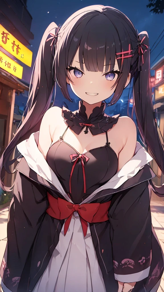 prompt（Re-adjusted version）
beautiful, masterpiece, Highest quality, HiqCG Body, anime, (1 Girl:1.5), (Small breasts:1.2), Portrait Shot, View your viewers, Wet Skin, Intricate details, Little Woman, Her eyes were shining like dreamy stars.,(Shining Eyes:1.3),(Beautifully detailed eyes:1.1)、[[Delicate fingers and hands:0.55]::0.85],(Detailed reference),(Thick black hair, Eyes are bright purple,(Sharp Eye:1.3), (tsurime:1.5), Twin tails,Straight Hair,(Asymmetrical bangs:1.2),(Blunt Bangs:1.3), (hairpin:1.2), Young face,Childlike,Small devil,Succubus,Vampire,Double teeth,Small corner),(kimono),Dynamic Pose,(yandere:1.1),(yandere smile:1.3),(smirk:1.3) ,Cleavage,High angle shot、(night:1.4)、(full moon:1.1),Focus on the chest,(Shake your head:1.2), Thick black hair, kimono, firework