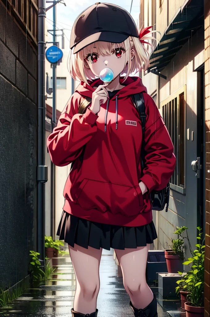 , Chisato Nishikigi, length, bangs, blonde, (Red eyes:1.5), Baseball cap,Oversized red hoodie,mini skirt,Black knee socks,short boots,Standing leaning against a wall,rain,cloudy,Hide under the roof,whole bodyがイラストに入るように,Blowing bubble gum,
break outdoors, alley,
break looking at viewer, whole body,
break (masterpiece:1.2), Highest quality, High resolution, unity 8k wallpaper, (shape:0.8), (Beautiful attention to detail:1.6), extレムely detailed face, Perfect lighting, extレムely detailed CG, (Perfect hands, Perfect Anatomy),