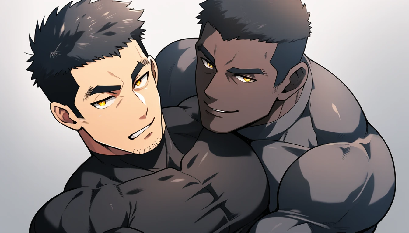anime characters:Two superheroes in tights, Muscle superhero, negro black skin, They hugged and kissed each other, Bite your neck, Caress, Manliness, male focus, Yellow and black high collar long sleeve tight T-shirt, Slightly transparent material, Very tight, Round, full and perky chest muscles, Male dog waist, Slightly transparent, muscular male, muscular, only, Upper body, alone, Black short hair, Thick eyebrows, stubble, Yellow eyes, Grey background, simple background, amazing quality, best aesthetics, Ridiculous, bright pupils, crew cut, parted lips, seductive smile, torogao, naughty face, drop shadow, best quality