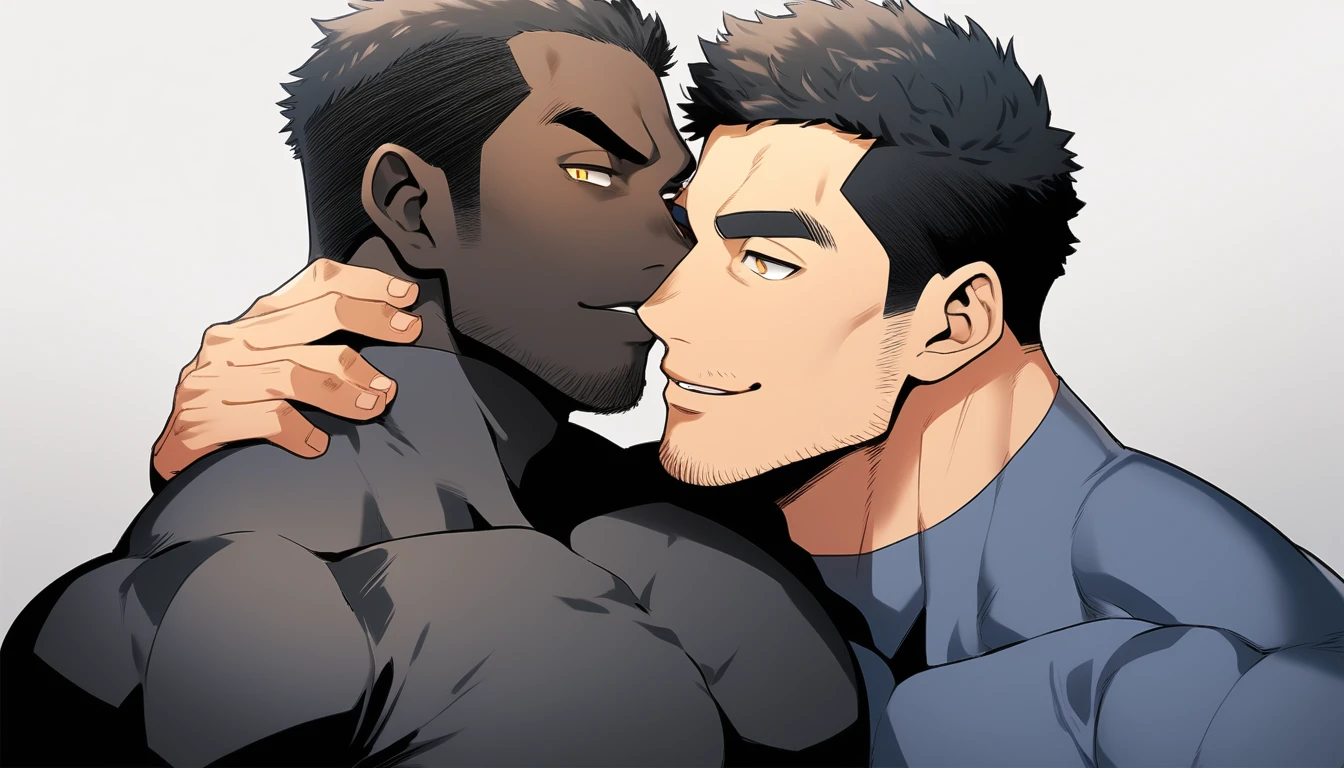 anime characters：Two superheroes in tights, Muscle superhero, negro black skin, They hugged and kissed each other, Bite your neck, Caress, Manliness, male focus, Yellow and black high collar long sleeve tight T-shirt, Slightly transparent material, Very tight, Round, full and perky chest muscles, Male dog waist, Slightly transparent, muscular male, muscular, only, Upper body, alone, Black short hair, Thick eyebrows, stubble, Yellow eyes, Grey background, simple background, amazing quality, best aesthetics, Ridiculous, bright pupils, crew cut, parted lips, seductive smile, torogao, naughty face, drop shadow, best quality