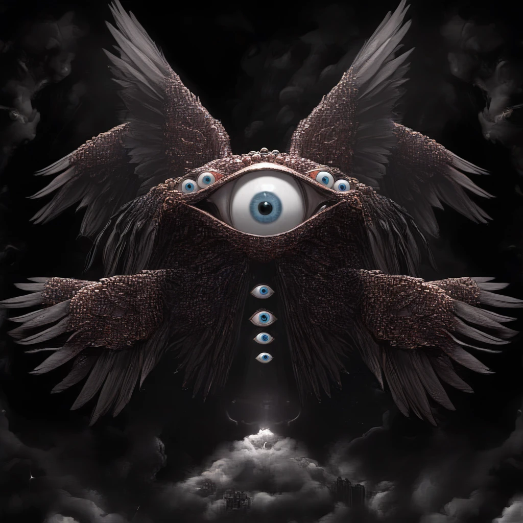 Seraphine, Mystical creature with hundreds of eyes and pyramidal wings, The body is full of eyes, Creepy 