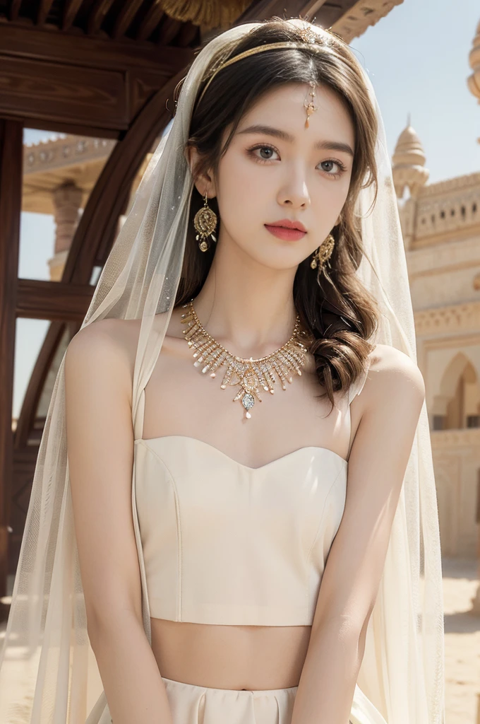 (((best quality))),(((ultra detailed))),(((masterpiece))),illustration,1girl, solo,princess, Arabic,slim,thin, ((palace, desert)),gold, gemstones,headscarf, veil on face,white sheer traditional clothing, hairband, deep eyes, elegant face, subtle smile,earrings,necklace,thighs,sunlight, shining, serene, environment,day scene,out door,standing,((upper body,from front)),((small ,flat chest,arms behind back))