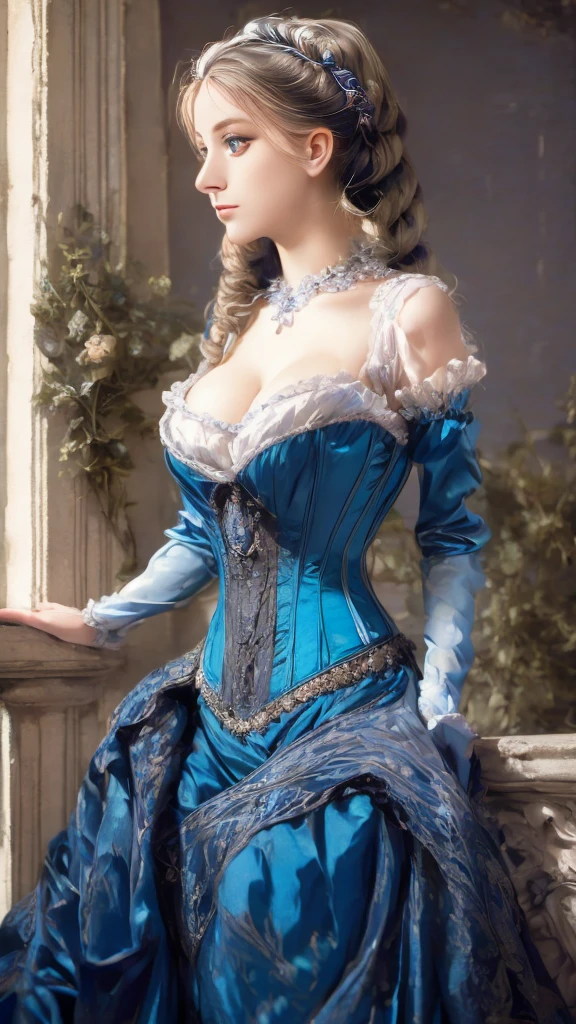a painting of a woman in a blue dress standing on a ledge, victorian blue dress, intricate victorian dress, in victorian aristocrat, a beautiful victorian woman, fantasy victorian art, dressed beautiful gown, beautiful detailed elegant, victorian dress, beautiful detail and color, elegant. highly detailed, beautiful flowing fabric, beautiful maiden, intricate and elegant, victorian lady, beautiful gown