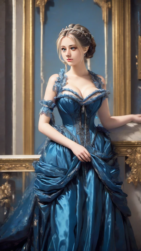 a painting of a woman in a blue dress standing on a ledge, victorian blue dress, intricate victorian dress, in victorian aristocrat, a beautiful victorian woman, fantasy victorian art, dressed beautiful gown, beautiful detailed elegant, victorian dress, beautiful detail and color, elegant. highly detailed, beautiful flowing fabric, beautiful maiden, intricate and elegant, victorian lady, beautiful gown