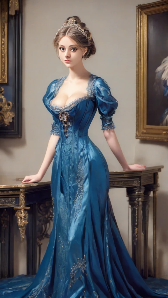 a painting of a woman in a blue dress standing on a ledge, victorian blue dress, intricate victorian dress, in victorian aristocrat, a beautiful victorian woman, fantasy victorian art, dressed beautiful gown, beautiful detailed elegant, victorian dress, beautiful detail and color, elegant. highly detailed, beautiful flowing fabric, beautiful maiden, intricate and elegant, victorian lady, beautiful gown