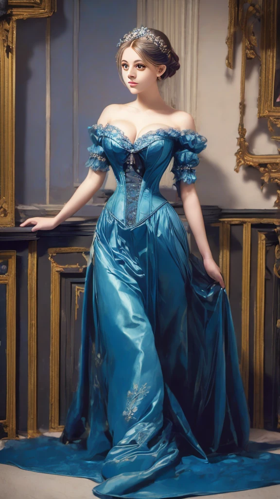 a painting of a woman in a blue dress standing on a ledge, a fine art painting by Louise Catherine Breslau, trending on cgsociety, fantasy art, victorian blue dress, intricate victorian dress, in victorian aristocrat, a beautiful victorian woman, fantasy victorian art, dressed beautiful gown, beautiful detailed elegant, victorian dress, beautiful detail and color