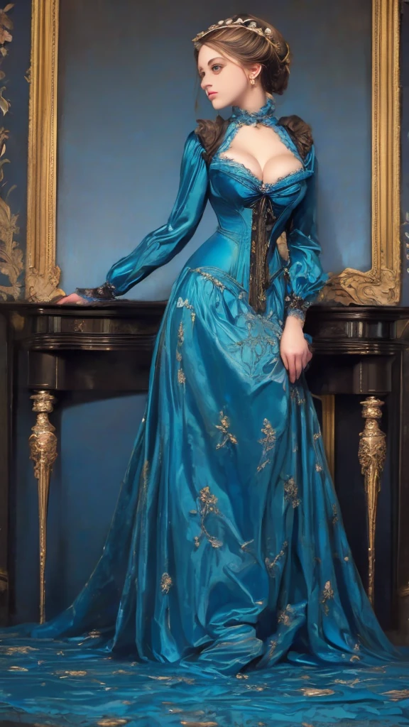 a painting of a woman in a blue dress standing on a ledge, a fine art painting by Louise Catherine Breslau, trending on cgsociety, fantasy art, victorian blue dress, intricate victorian dress, in victorian aristocrat, a beautiful victorian woman, fantasy victorian art, dressed beautiful gown, beautiful detailed elegant, victorian dress, beautiful detail and color