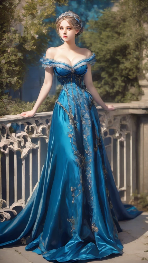 a painting of a woman in a blue dress standing on a ledge, victorian blue dress, intricate victorian dress, in victorian aristocrat, a beautiful victorian woman, fantasy victorian art, dressed beautiful gown, beautiful detailed elegant, victorian dress, beautiful detail and color, elegant. highly detailed, beautiful flowing fabric, beautiful maiden, intricate and elegant, victorian lady, beautiful gown