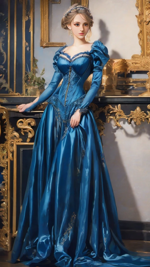 a painting of a woman in a blue dress standing on a ledge, victorian blue dress, intricate victorian dress, in victorian aristocrat, a beautiful victorian woman, fantasy victorian art, dressed beautiful gown, beautiful detailed elegant, victorian dress, beautiful detail and color, elegant. highly detailed, beautiful flowing fabric, beautiful maiden, intricate and elegant, victorian lady, beautiful gown