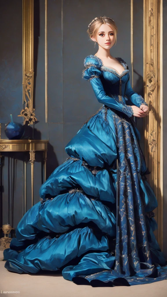 a painting of a woman in a blue dress standing on a ledge, a fine art painting by Louise Catherine Breslau, trending on cgsociety, fantasy art, victorian blue dress, intricate victorian dress, in victorian aristocrat, a beautiful victorian woman, fantasy victorian art, dressed beautiful gown, beautiful detailed elegant, victorian dress, beautiful detail and color